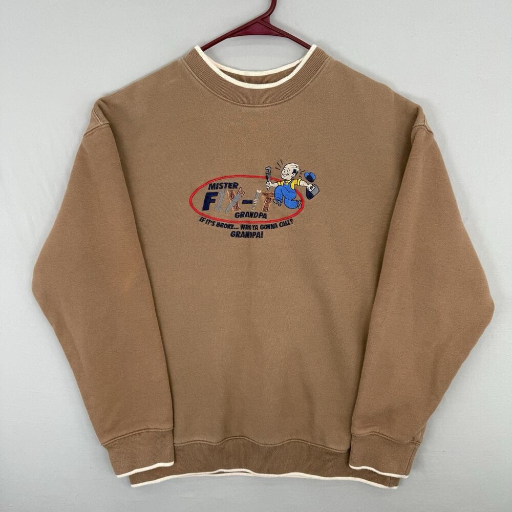 VTG MC Sport Grandpa Sweatshirt L Brown Mister Fix It Embroidered Crewneck 90s